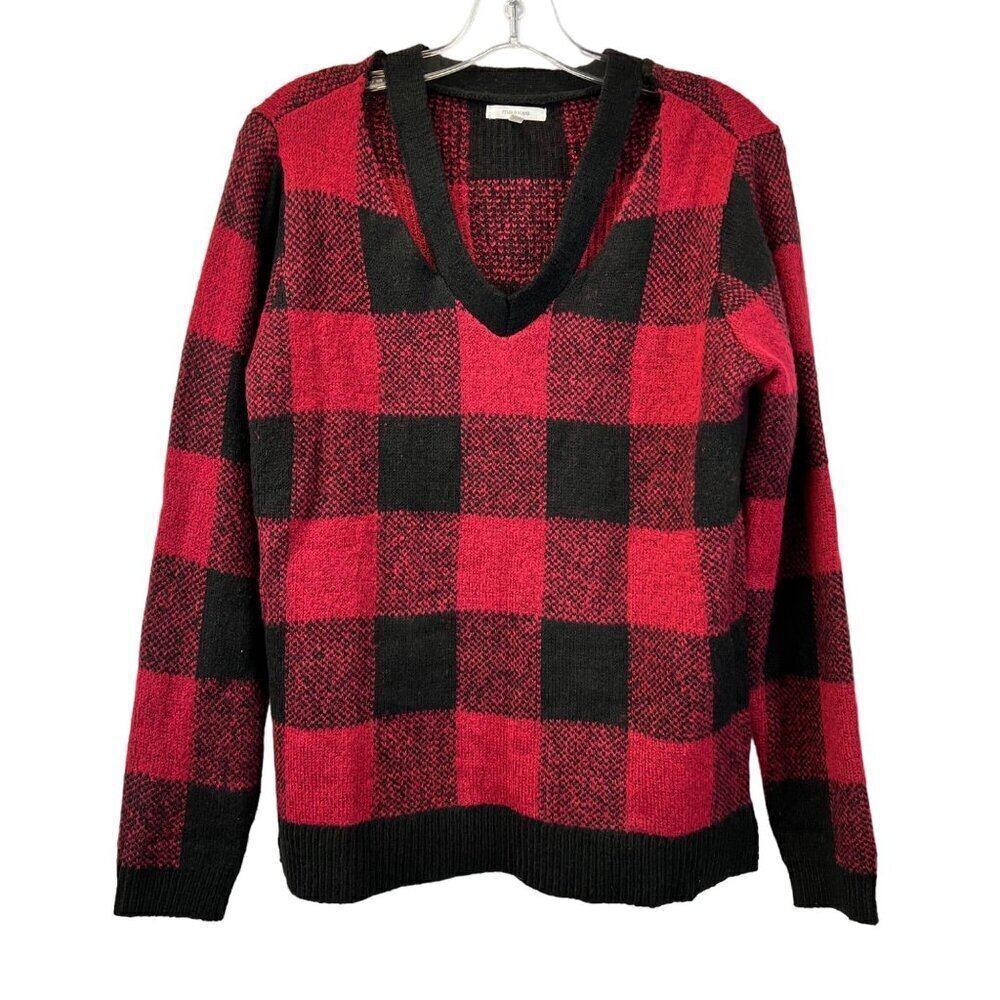 Maurices Women’s V-Neck Cut Out Long Sleeve Sweater Burg/Black Checkered M